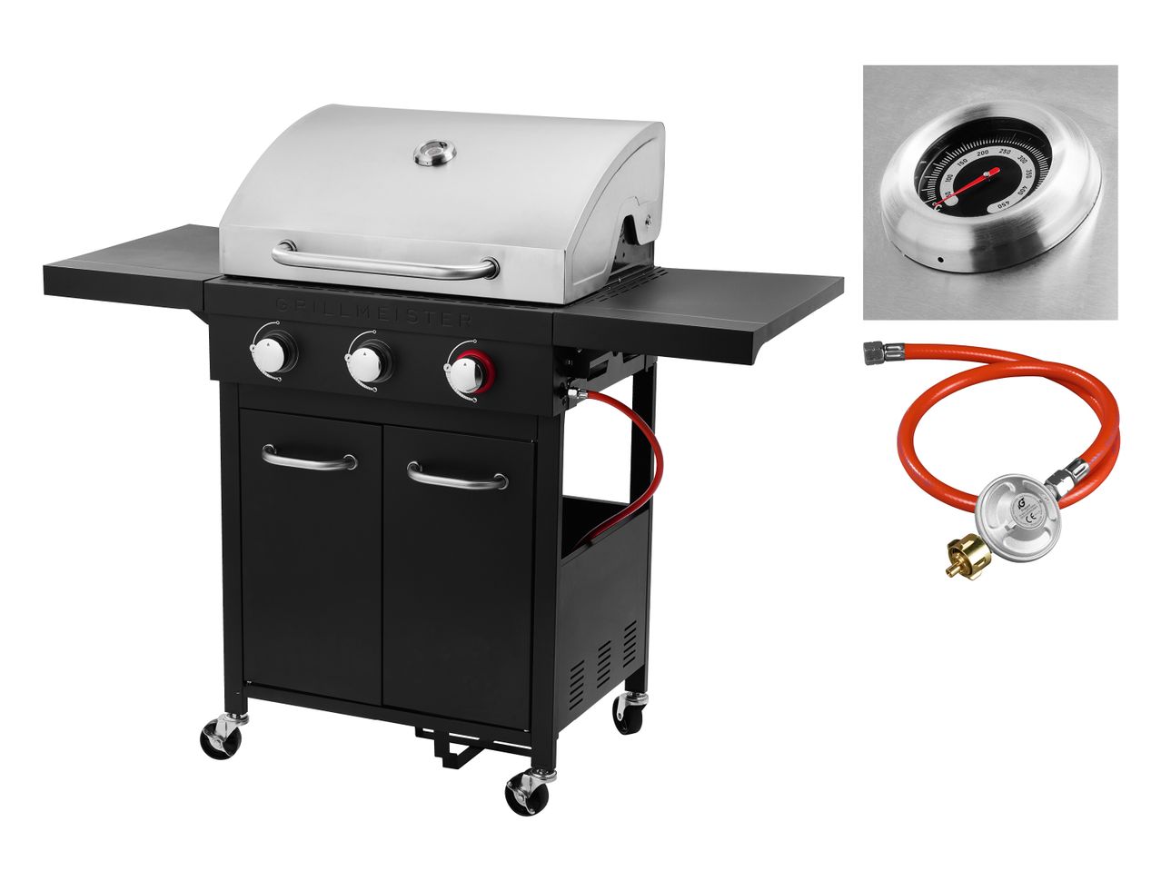 Gasgrill mit Seitenablagen, Temperaturanzeige und Gasschlauch mit Regler.