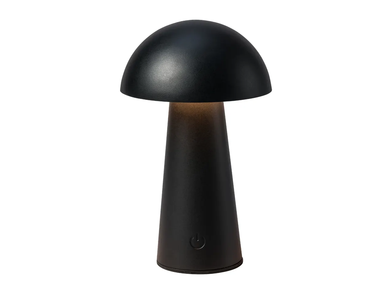 Black mushroom-shaped table lamp with a power button on the base.