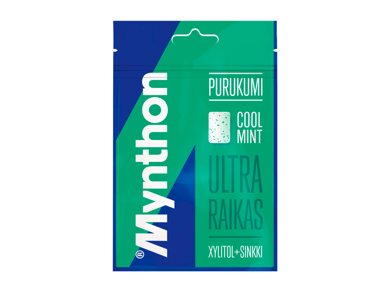 Vihreä-sininen purukumipussi, jossa lukee Cool Mint ja Ultra Raikas.