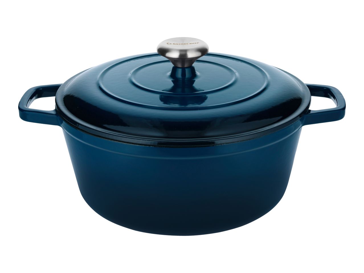 Dark blue cast iron casserole dish with lid and silver knob