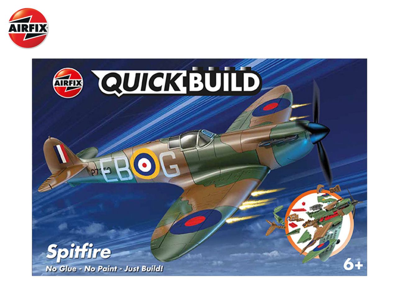 Model kit box for a Spitfire airplane, with text 'Quick Build' and 'No Glue - No Paint - Just Build!'