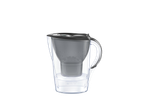 Clear water filter pitcher with a dark grey lid and internal filter, on a black background.