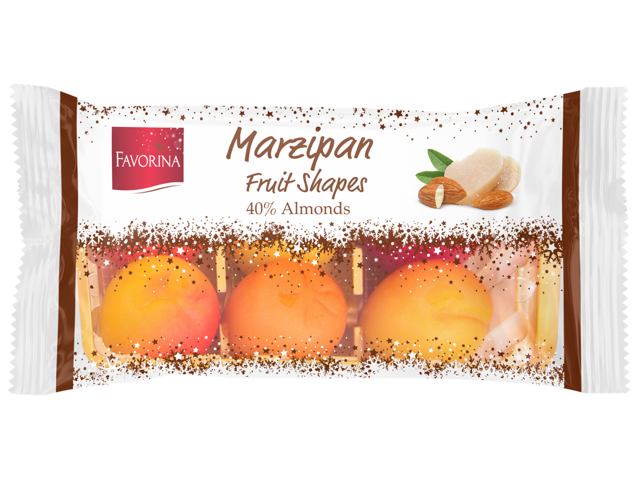 Favorina Marsepein Fruitvormen met 40% amandelen in feestelijke verpakking.
