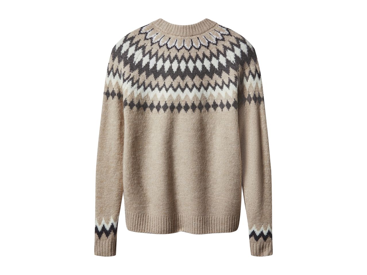 Women's beige knit sweater with a classic Fair Isle pattern around the collar and cuffs