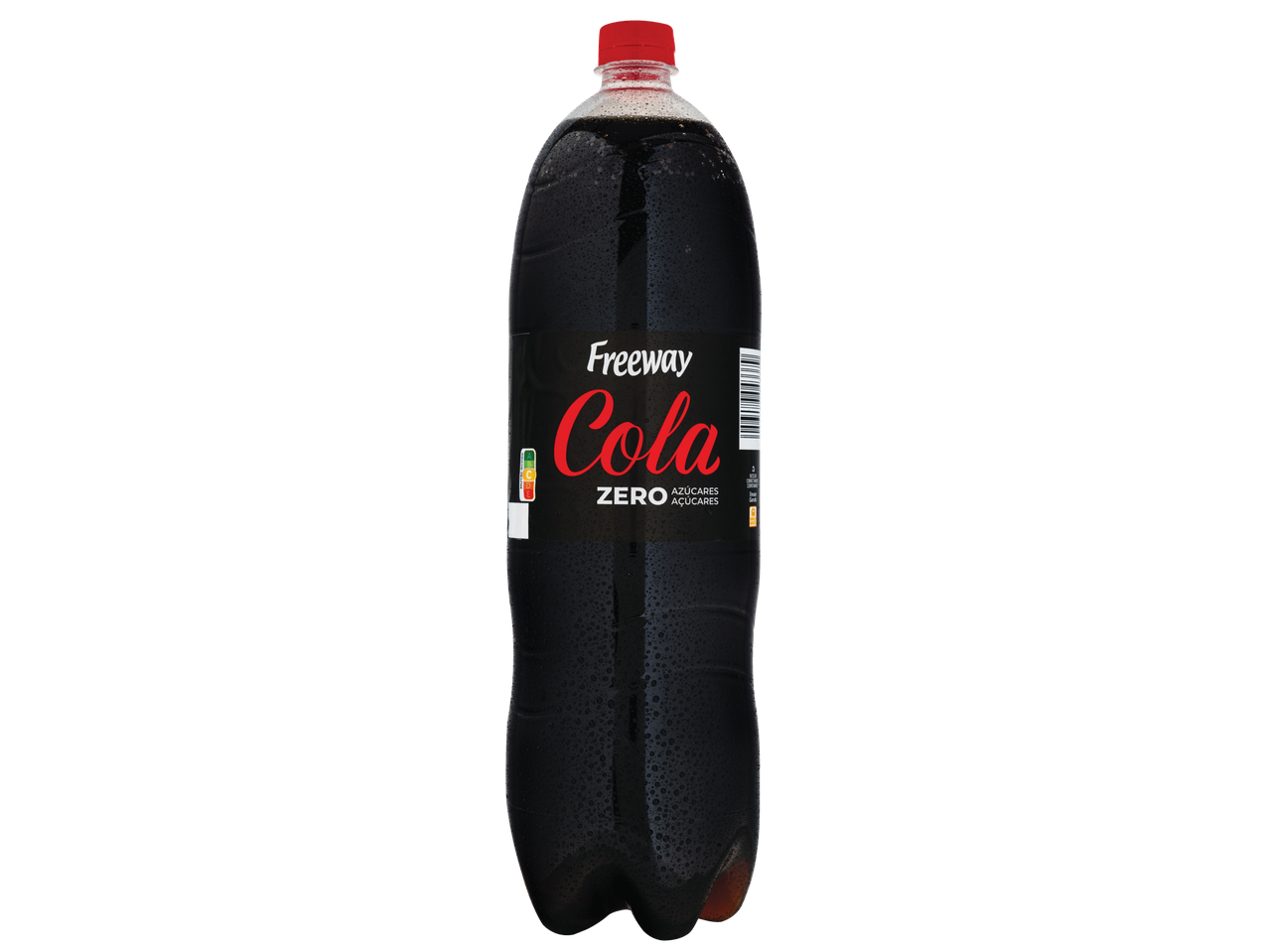 Garrafa de Freeway Cola 0% Açúcar com condensação, tampa vermelha e rótulo preto.