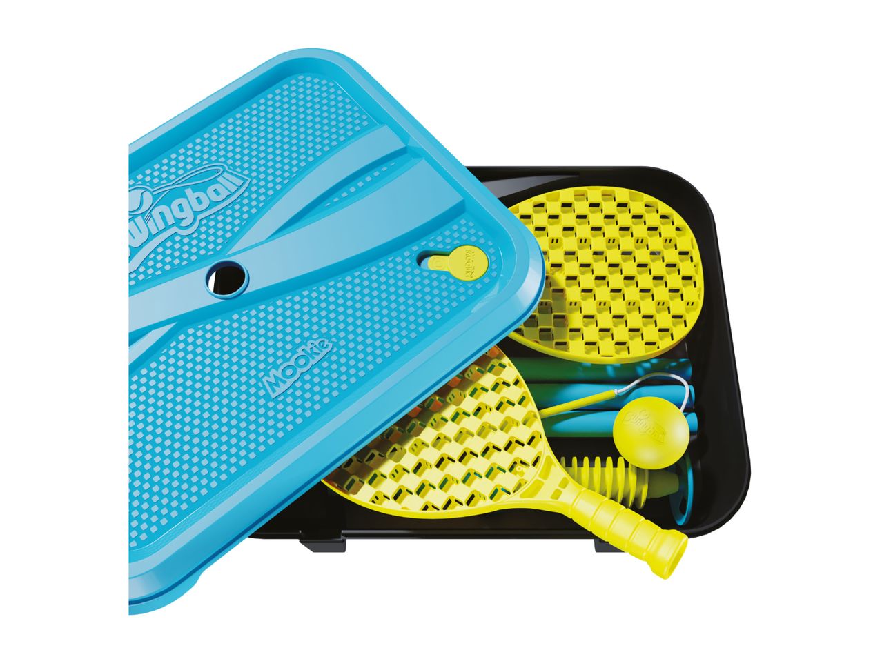 A blue and yellow Swingball set with rackets and a ball, stored in a black case.