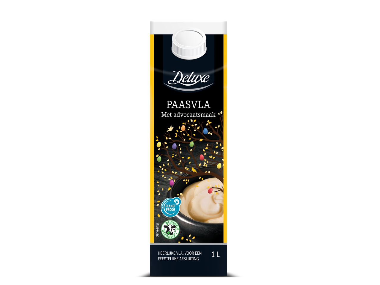 Deluxe Paasvla met advocaatsmaak, 1L, met een feestelijk paasboomontwerp.
