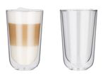Two double-walled glasses, one with a layered latte macchiato and one empty.
