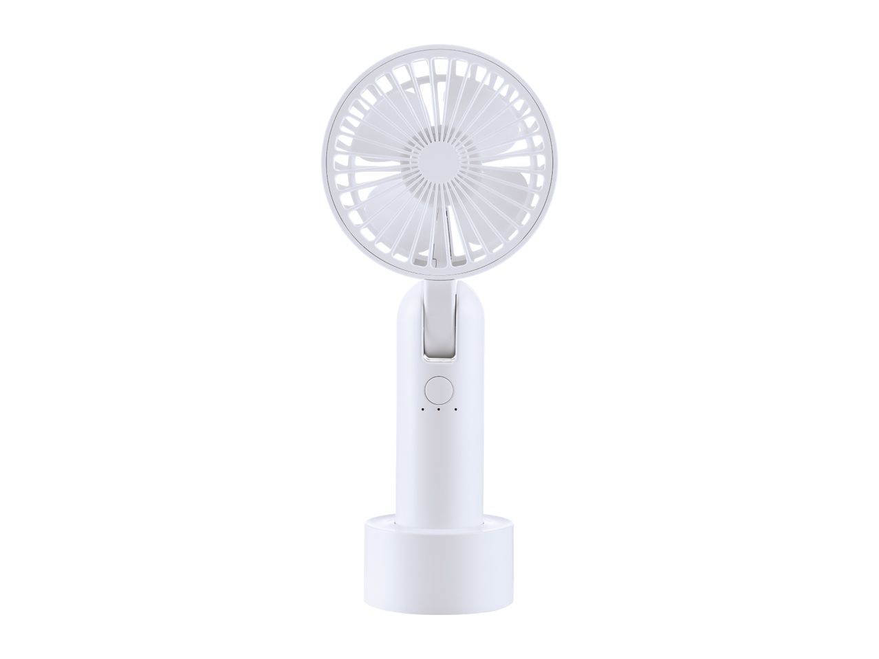 White portable fan with a round head and a base, standing upright.