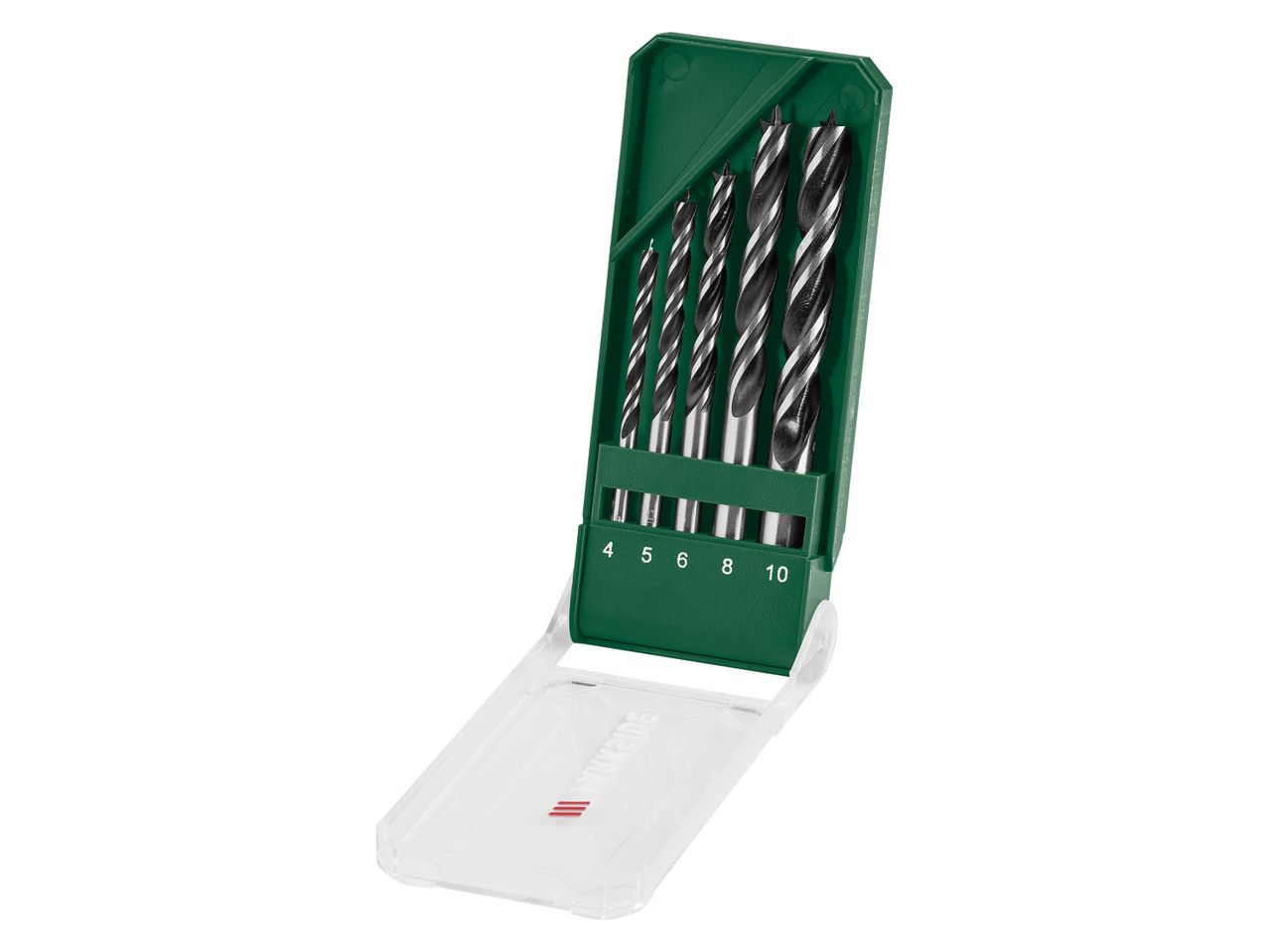 A set of five wood drill bits in a green and clear plastic case.