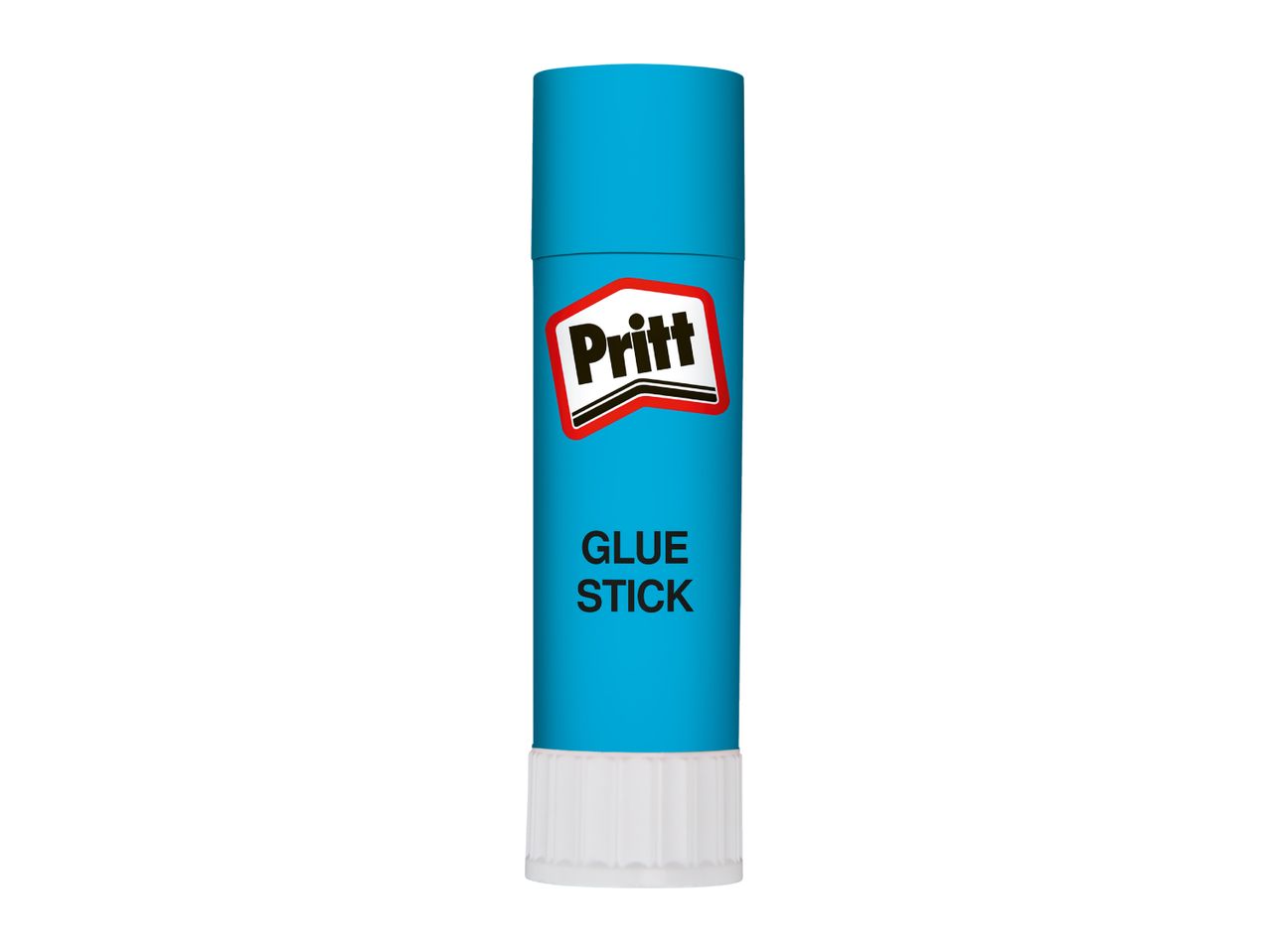 Blue glue stick with a white base and a red and white logo.