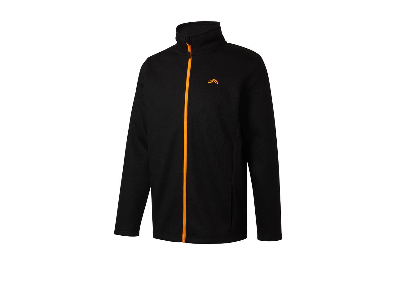 A black knitted fleece jacket with an orange zipper and a small orange logo.