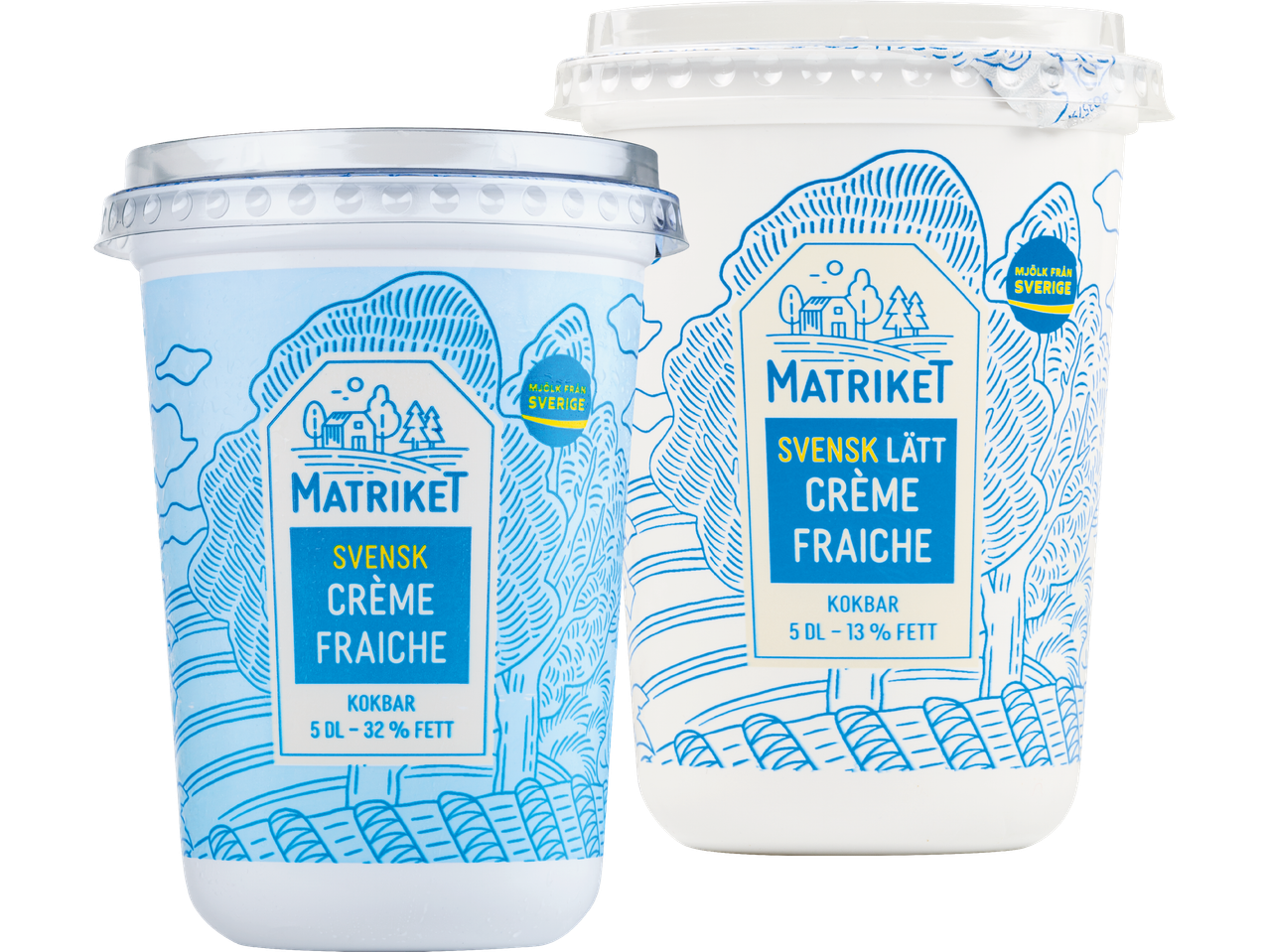 Två förpackningar med Crème Fraîche i olika fetthalter.