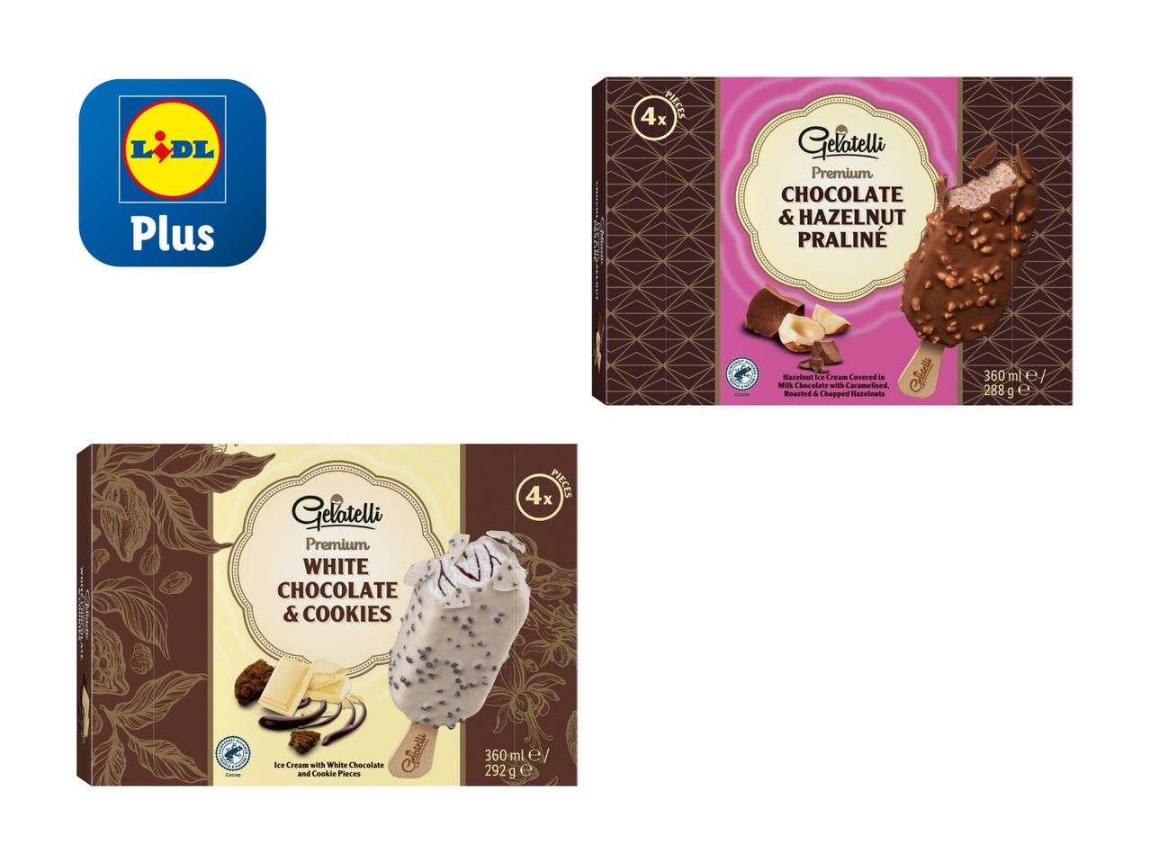 Zwei Sorten Lidl Plus Schokoladeneis.