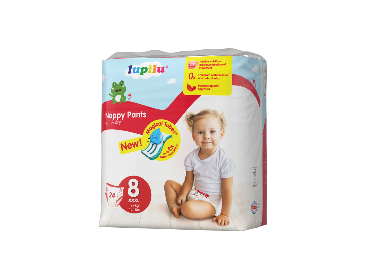 Lupilu Nappy Pants Size 8, featuring a baby and product details on the packaging.