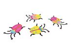 Four colorful papercraft bugs with pink, yellow, and blue bodies and black legs.