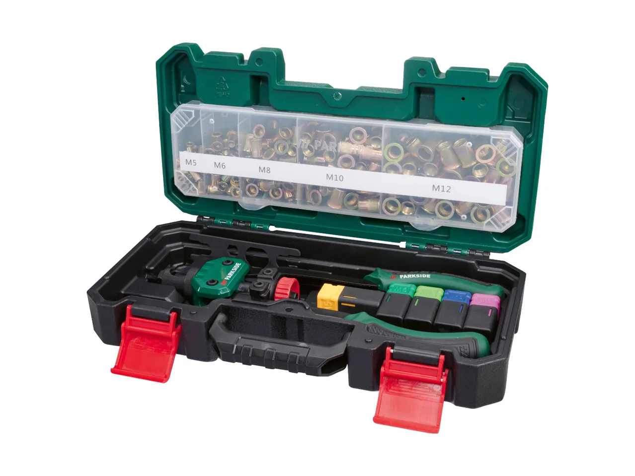 PARKSIDE rivet nut plier set with various rivet nuts in a green and black case