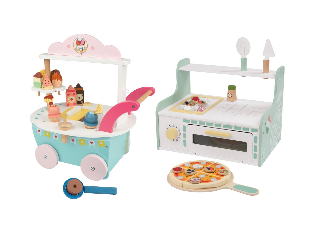 Drvena kolica za sladoled i kuhinja za igru s dodacima za pizzu.