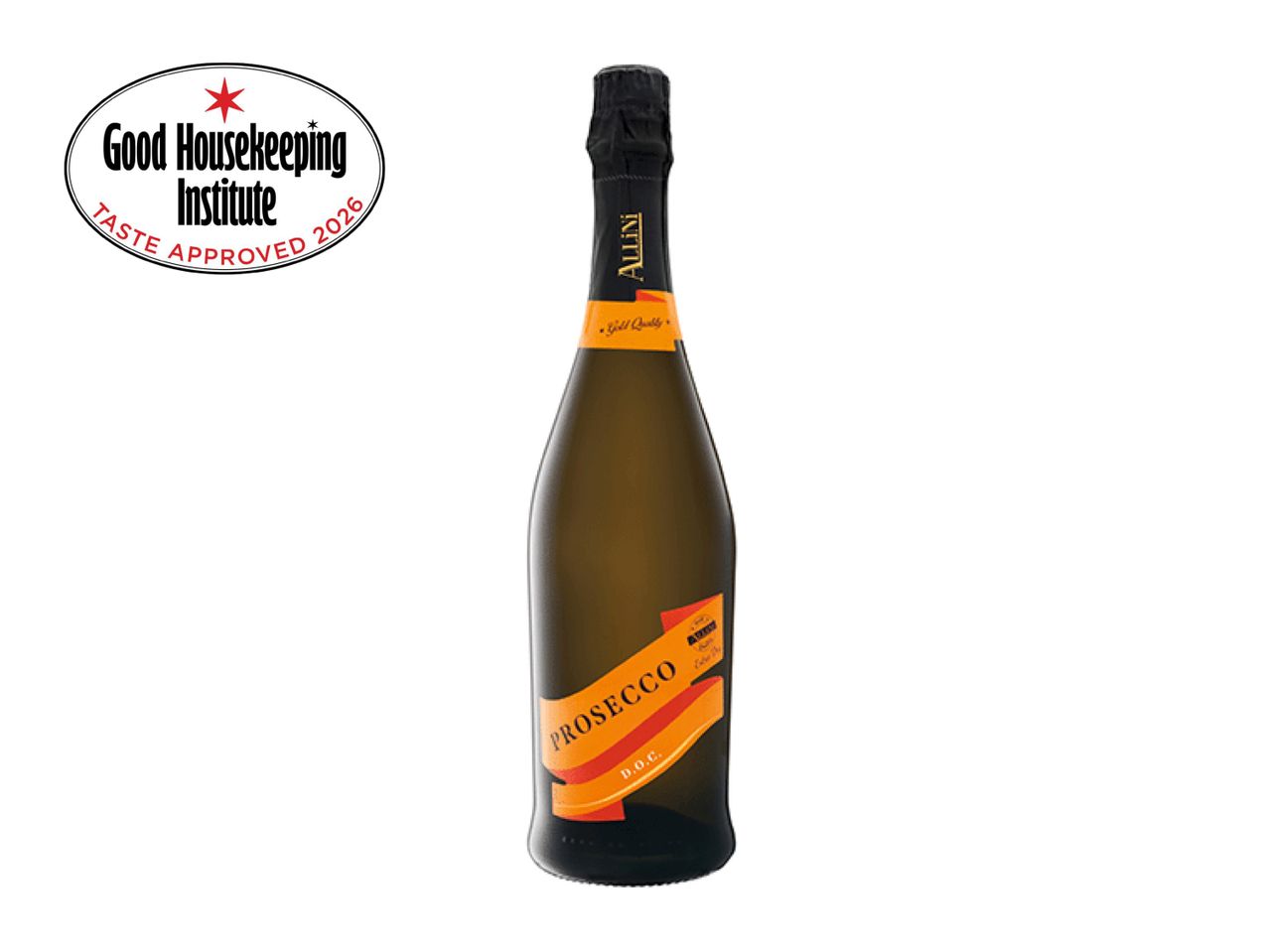 A bottle of Prosecco with an orange label, featuring a 'Good Housekeeping Institute Taste Approved 2026' seal.