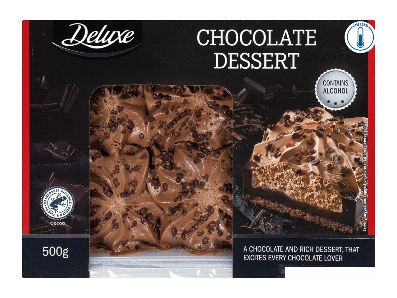 Chocolate dessert with chocolate chips, a slice of chocolate cake, and text indicating it contains alcohol.