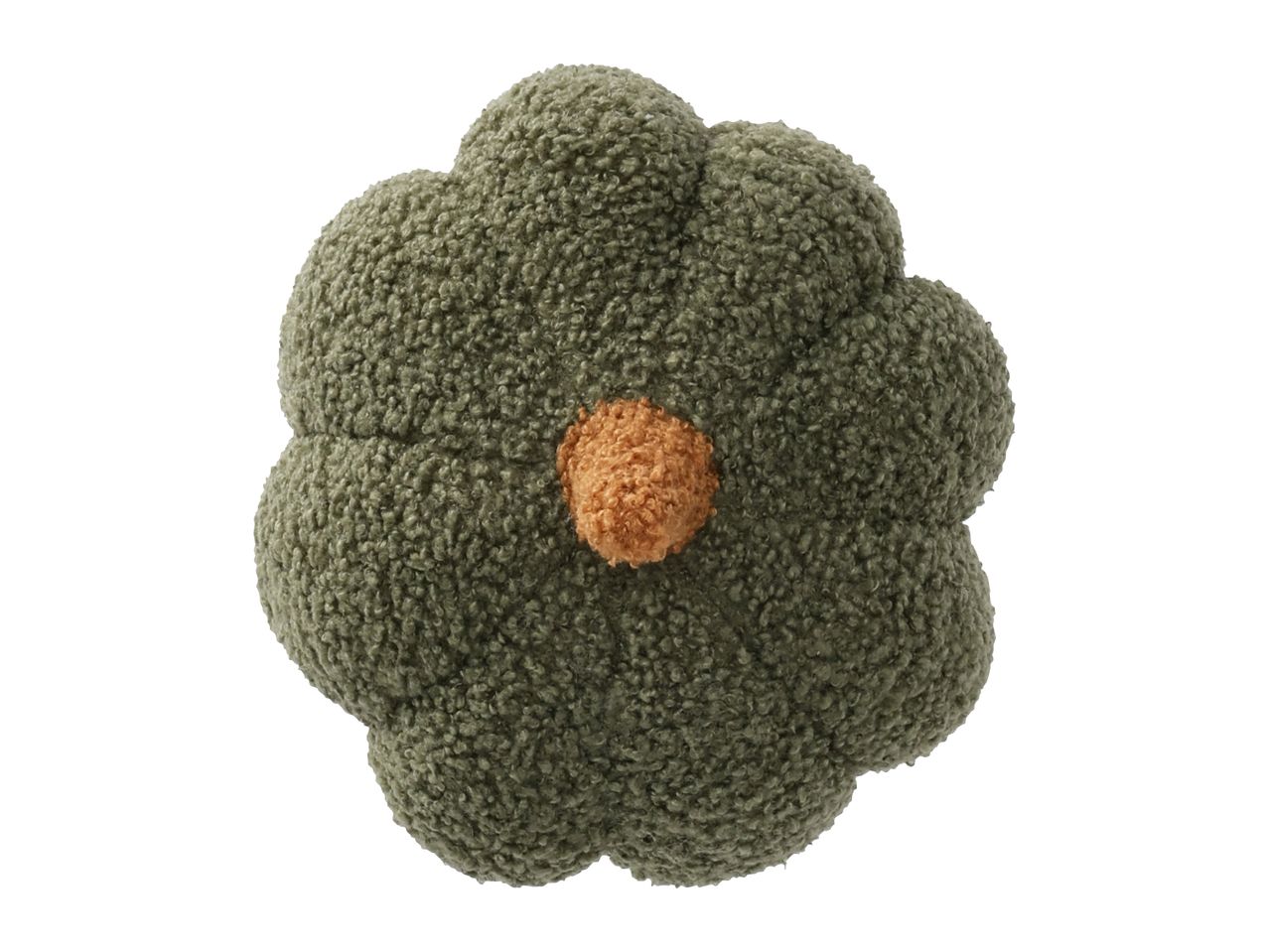 A green flower-shaped pillow with a brown center