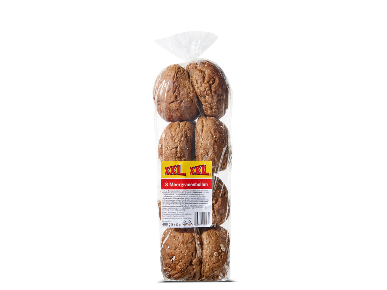 Acht XXL meergranenbollen in een plastic zak met een geel en rood etiket.