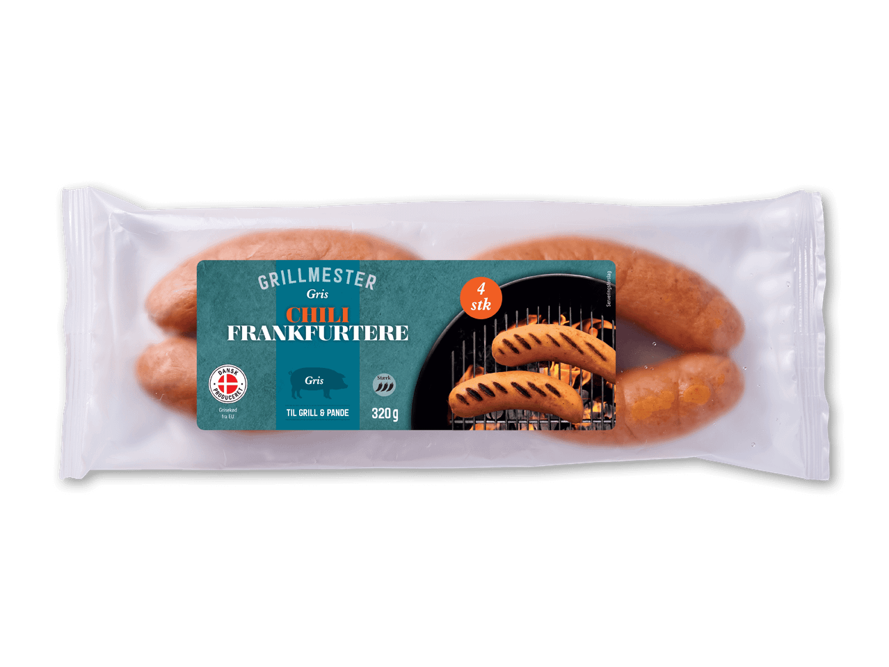 Pakke med 4 chilifrankfurtere til grill og pande, 320g.