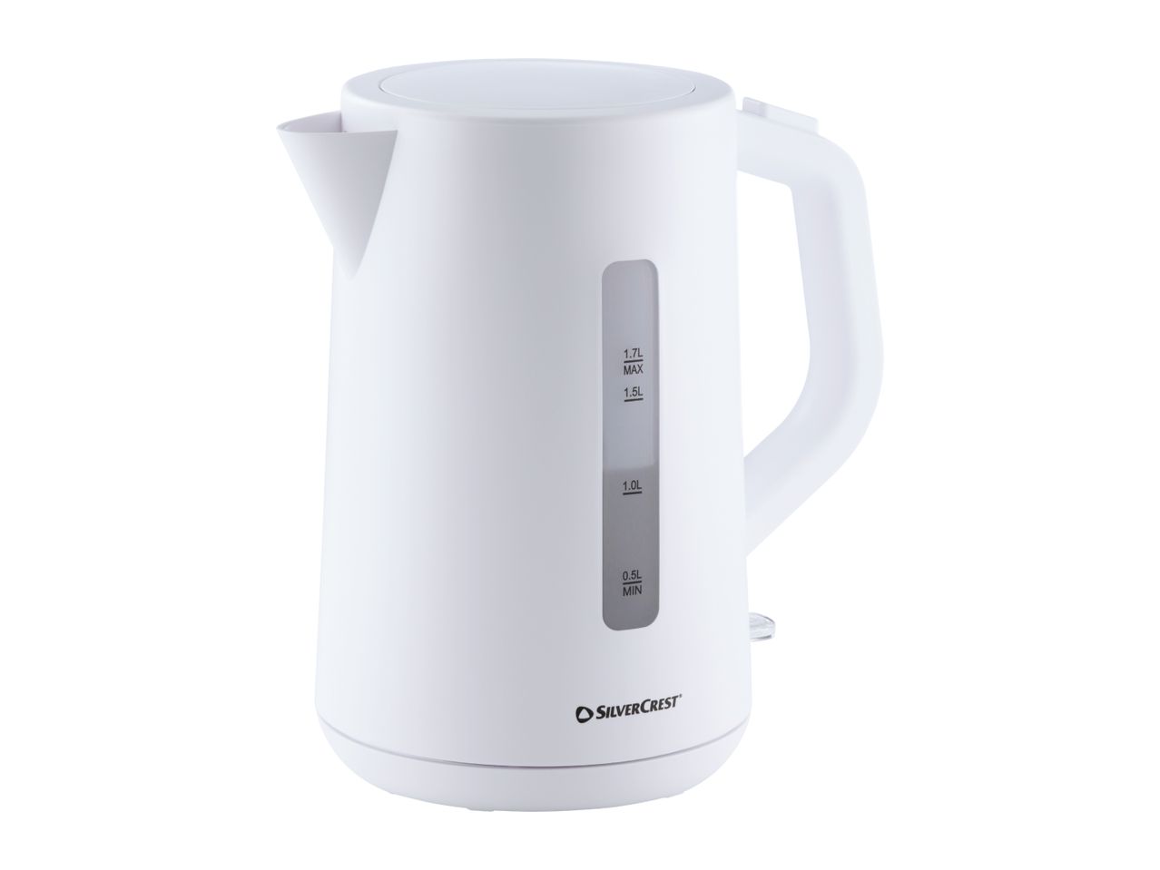 White electric kettle with a water level indicator showing measurements from 0.5L to 1.7L.