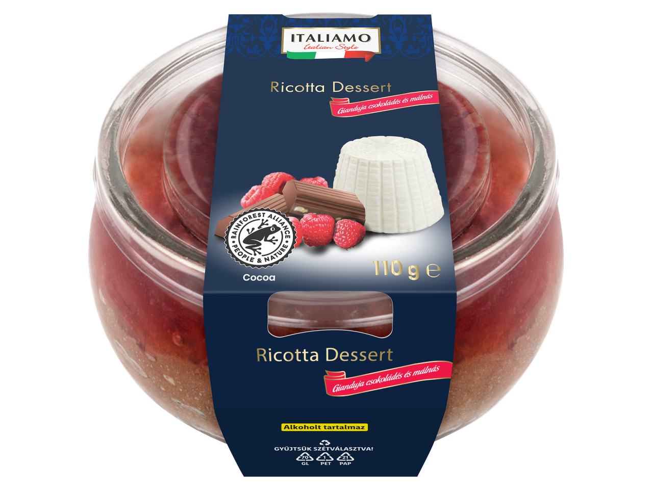 Ricotta desszert gianduja csokoládéval és málnával, üvegpohárban.
