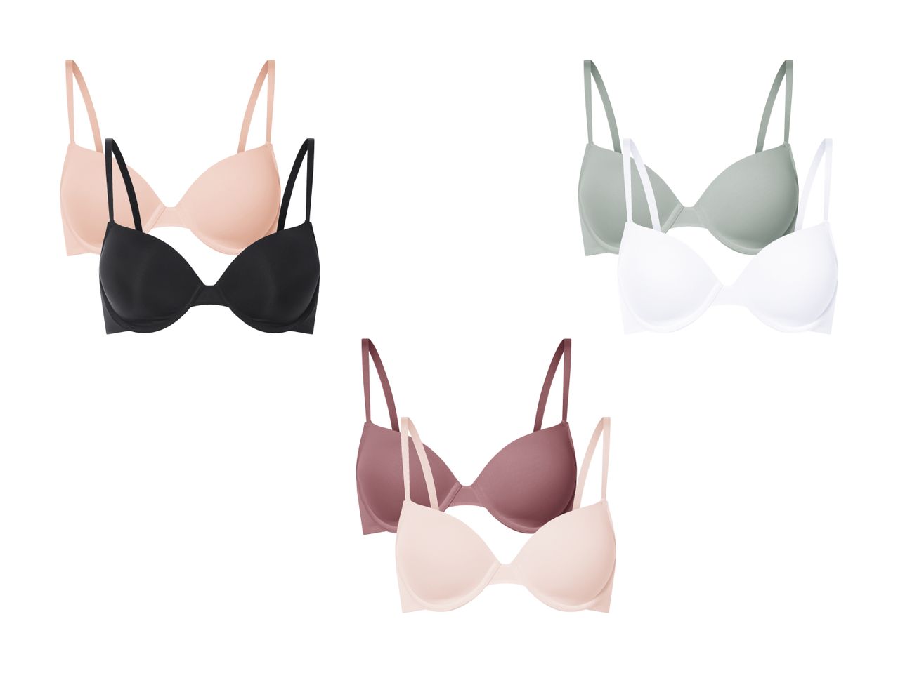 Zwei BH-Sets: eins in Rosa und Schwarz, eins in Grün und Weiß und eins in Rosa und Bordeaux.