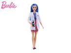 Barbie scientist doll with blue hair, lab coat, and microscope.