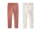 Zwei Leggings: eine rosafarbene und eine cremefarbene mit Blumenmuster.