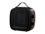 Black retro-style portable space heater with a carrying handle and control knobs