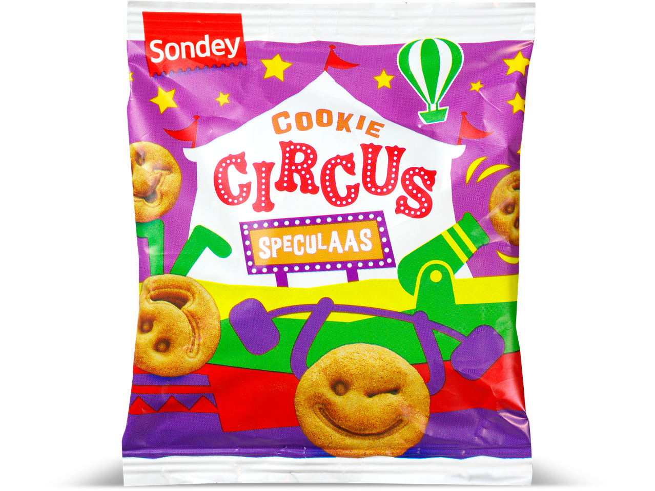 Sondey Cookie Circus speculaas koeken in een kleurrijk zakje.