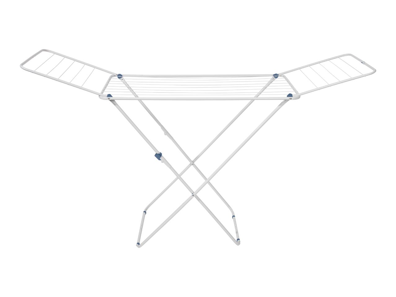White clothes drying rack with blue accents, unfolded and ready for use.