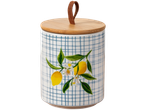 Ceramic jar with lemon print and gingham pattern, bamboo lid.