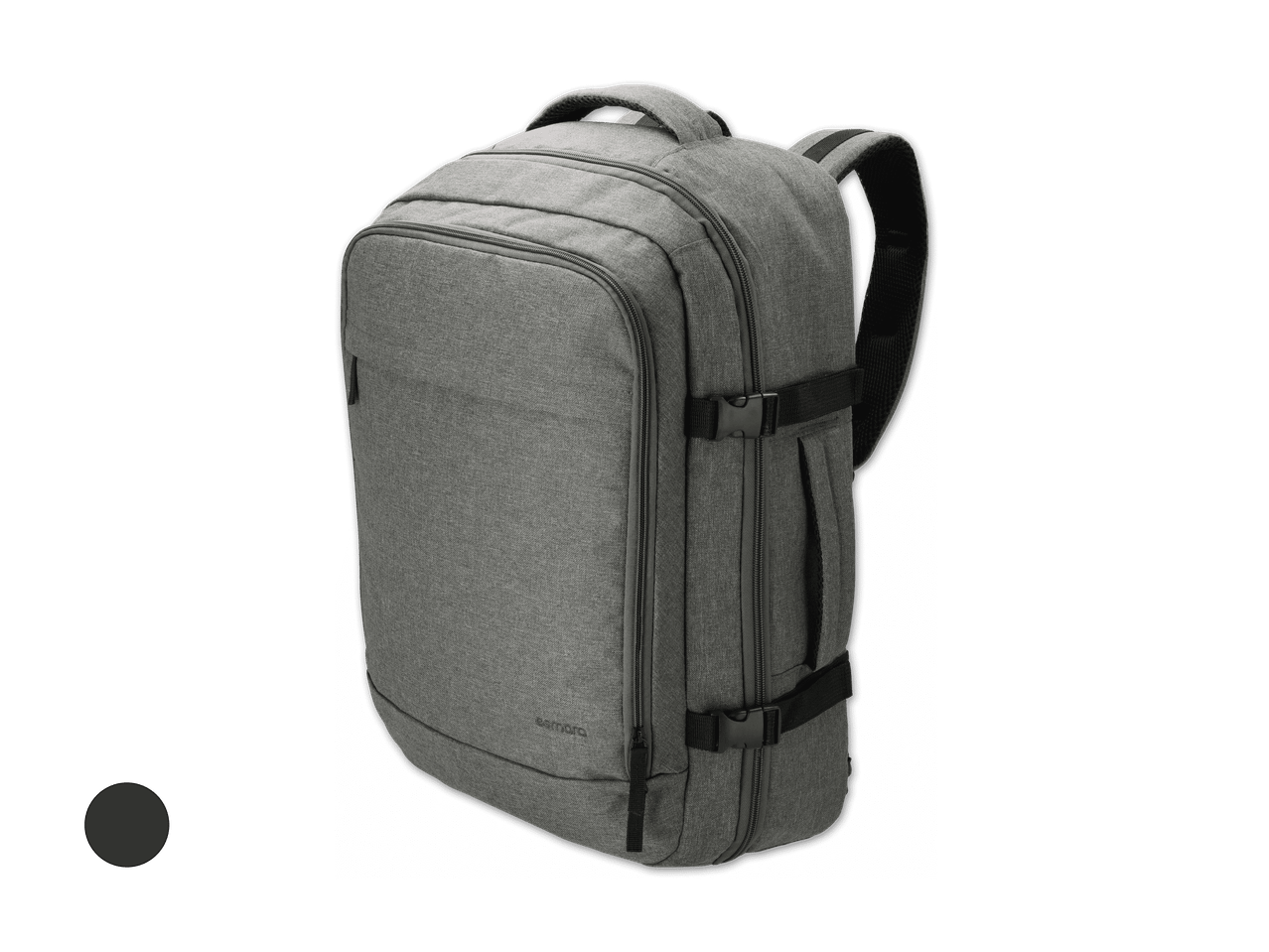 Grauer Rucksack mit mehreren Reißverschlussfächern und verstellbaren Trägern