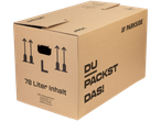 Parkside® Umzugskarton mit 78 Litern Fassungsvermögen, mit dem Text „DU PACKST DAS!“ und Adressdaten.