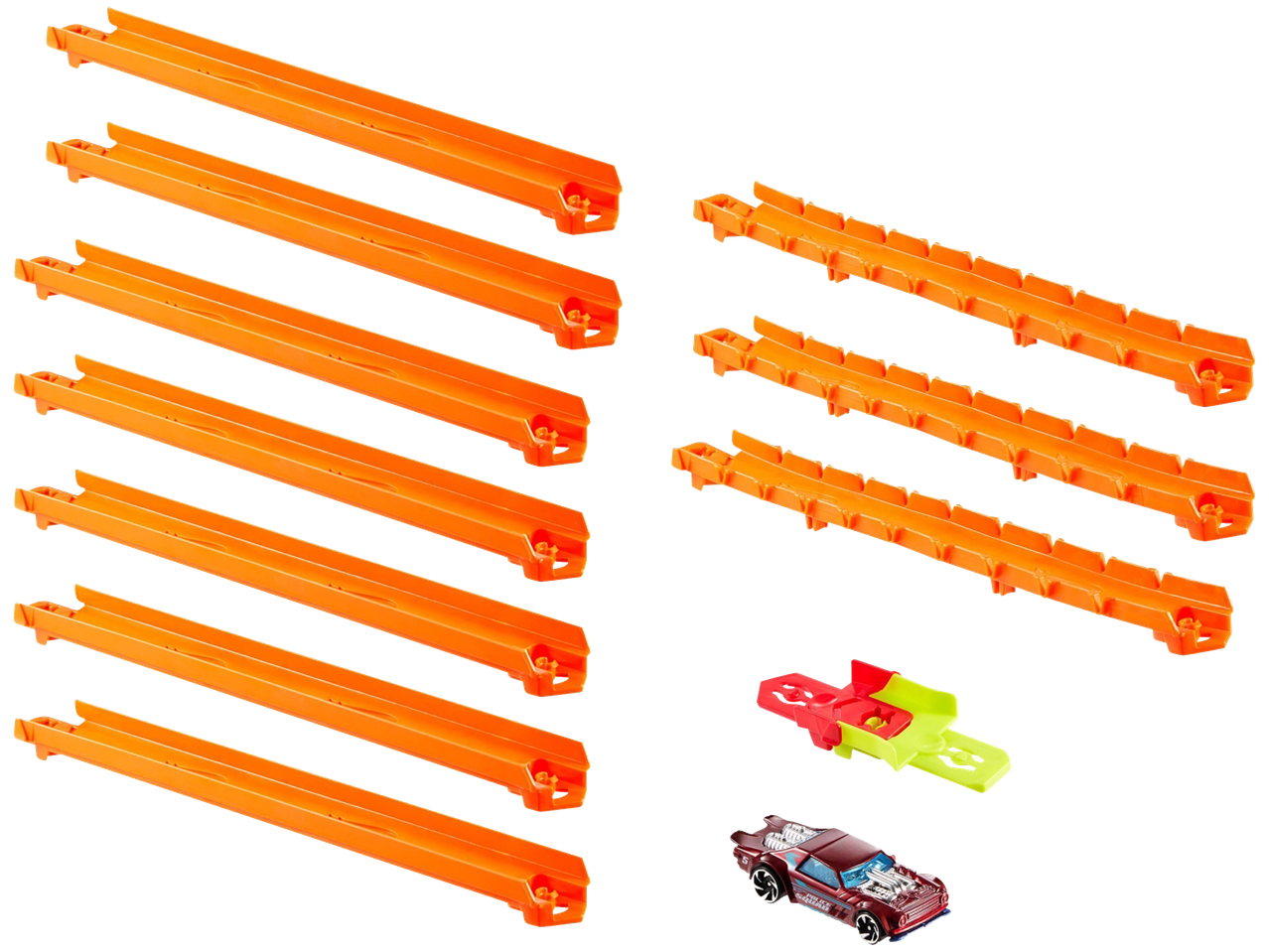 Hot Wheels rajaskomplekt oranžide radade, stardiplatvormi ja punase autoga.