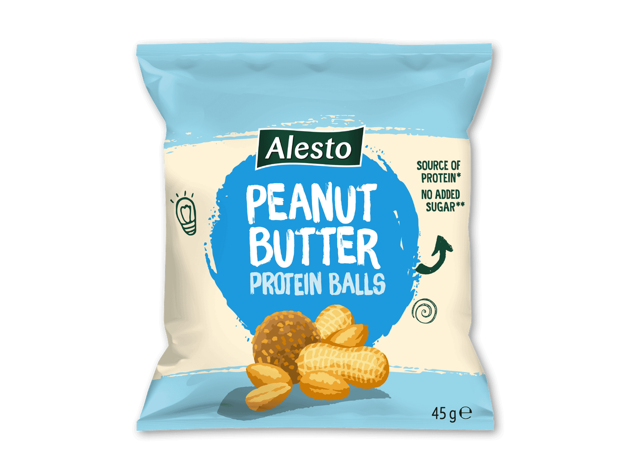 Pakke med jordnøddesmør proteinbolde, kilde til protein, uden tilsat sukker, 45g.