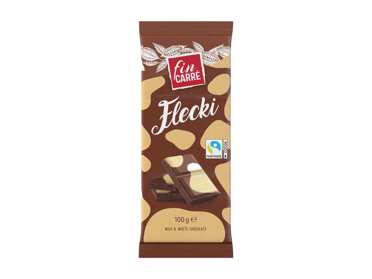 Pakiranje čokolade Fin Carré Flecki z mlečno in belo čokolado.