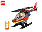 Red toy helicopter with a pilot minifigure and orange flame accessories.