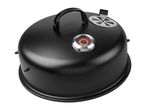 Black barbecue grill lid with a handle, thermometer, and adjustable air vent.