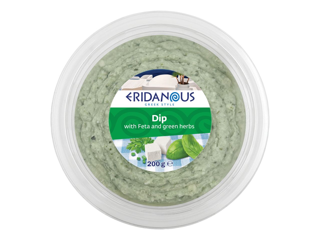 Eridanous grški dip s feto in zelenimi zelišči v plastični posodi.