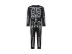 Black skeleton jumpsuit with white bone outlines for Halloween.