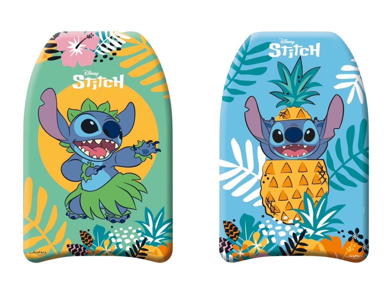 Két Stitch mintás bodyboard, egy táncoló Stitch-csel, a másik ananászként ábrázolt Stitch-csel.