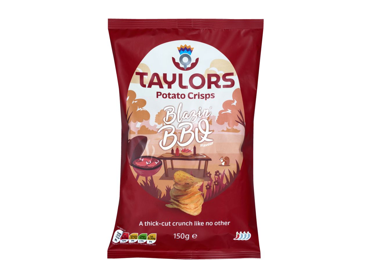 A bag of potato crisps with a Blazin' BBQ flavour, featuring a picnic scene with a grill and crisps.