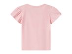 Back of a plain pink short-sleeved t-shirt with ruffled sleeves.