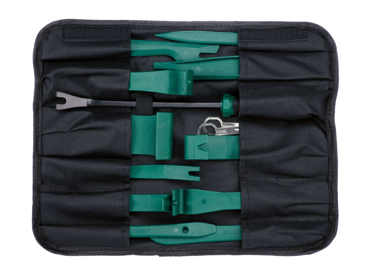 A set of green plastic trim removal tools in a black carrying case.
