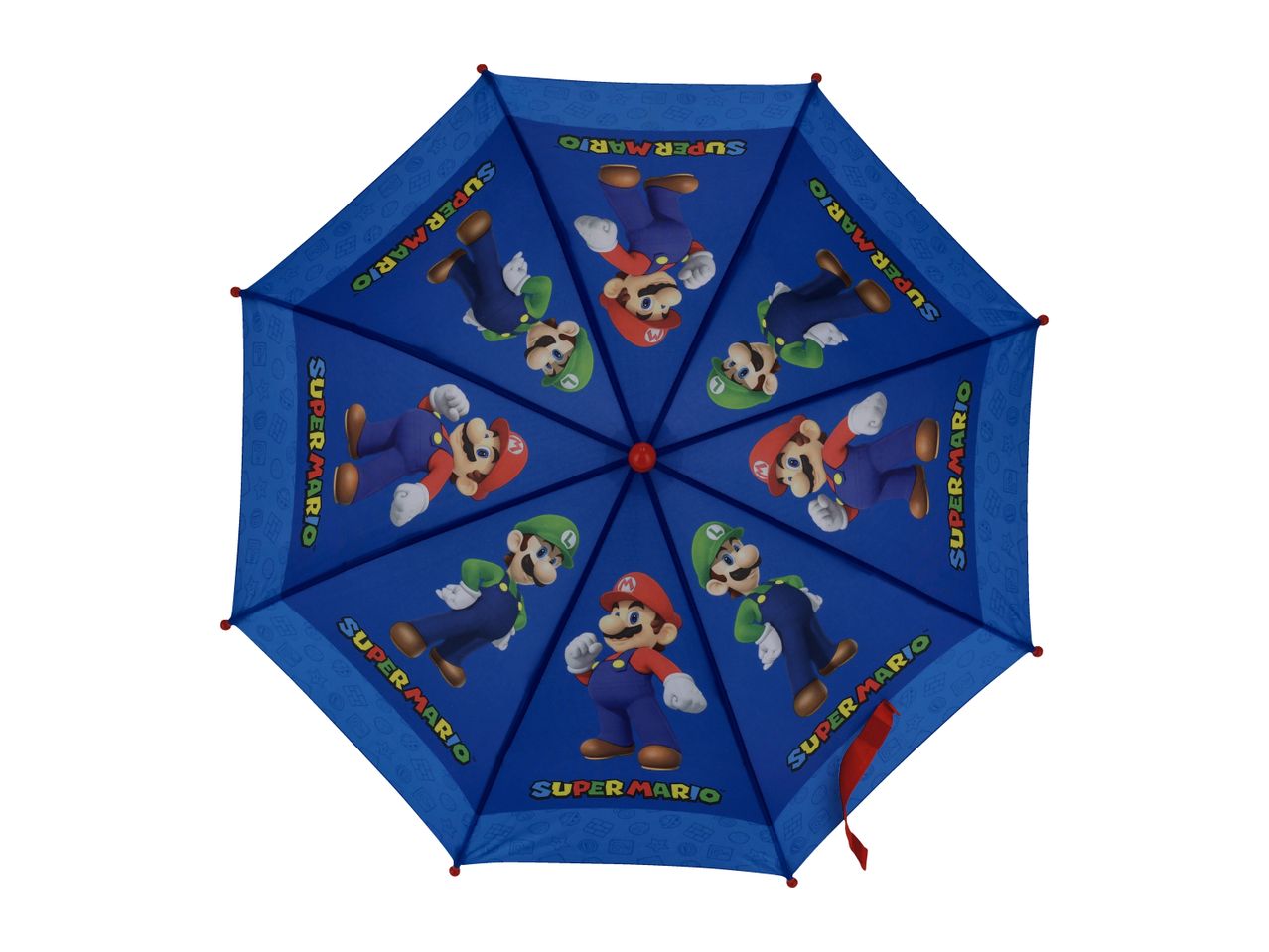 A blue Super Mario themed umbrella with Mario and Luigi characters.